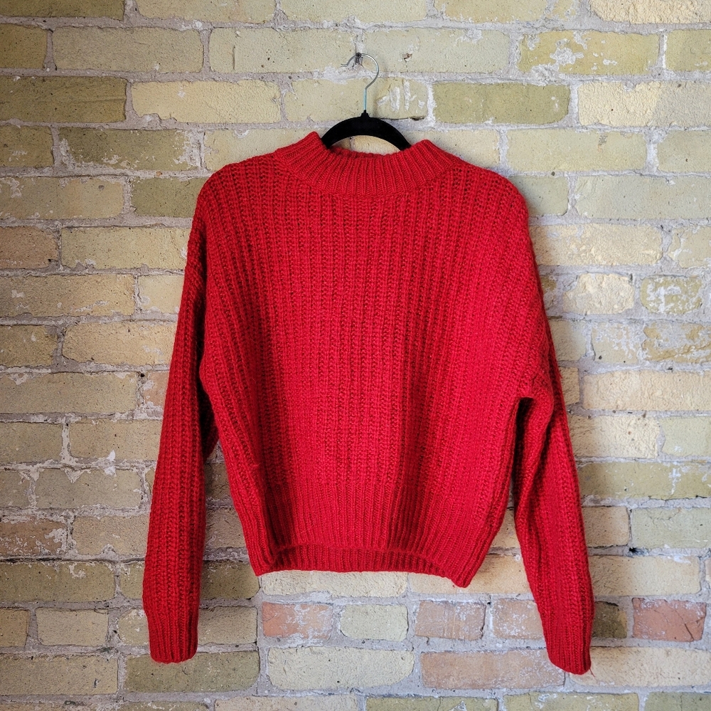 H&M Red Wool Alpaca Blend Ribbed Knit Sweater Womens Medium Crewneck Jumper